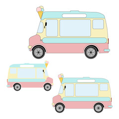 Set of the yellow-green pink ice cream van with and without stroke