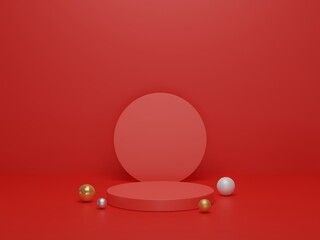 Geometric shape podium on red background. Platforms for product presentation, mock up background. Abstract composition in minimal design. 3d rendering.