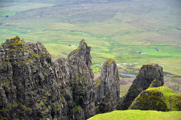 Rock formations and pinnacles on Quiraing range, Totternish peninsula, Isle of Skye, Inner Hebrides, Scotland