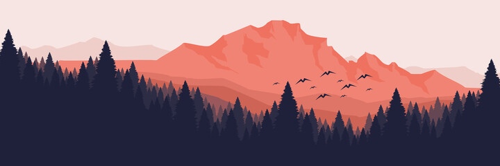 forest in mountain with bird silhouette vector illustration good for wallpaper, background, backdrop, web banner, web background and design template