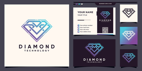 Creative diamond technology logo with modern line art style and business card deisgn