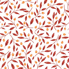 Seamless watercolor pattern with autumn leaves and berries on the white background. 