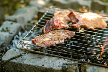 Raw pork steak ready for grilling placed on the grill grate 