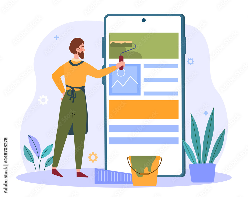 Poster male character is roll painting user interface on smartphone screen. concept of creating user interf