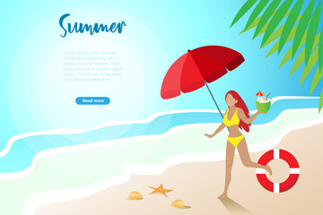 Woman in bikini enjoy summer on beach with coconut drink. Holiday vacation, tropical destination trip, banner template in hello summer concept.