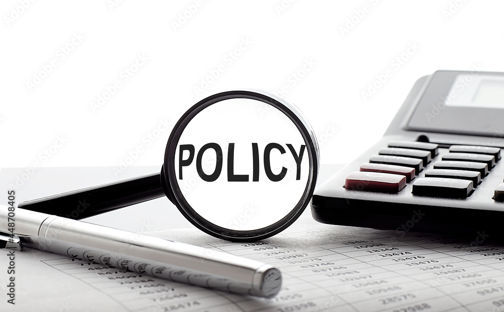 Poster magnifying glass with text policy on chart with pen and calculator