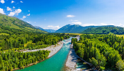 Mountain and forest with river natural scenery in Hemu Village,Xinjiang,China. - obrazy, fototapety, plakaty