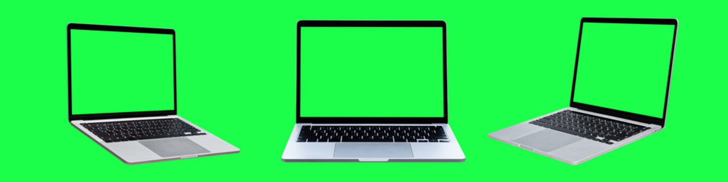 Collection of Laptop or notebook with blank green screen isolated on green background