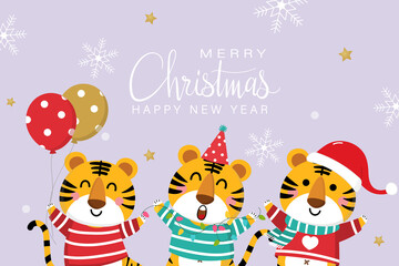 Merry Christmas and happy new year 2022. The year of tiger. Cute animal wear red and green winter costume. Holidays cartoon character. -Vector