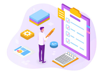 Filling out checklist in mobile application. To do list, successful work planning, mission completed concept for web or landing page, ui, banner, presentation. Isometric cartoon vector illustration