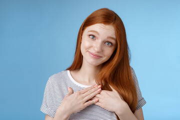 Kind tender sincere cute caucasian redhead girl melting go speechless heartwarming precious moment...