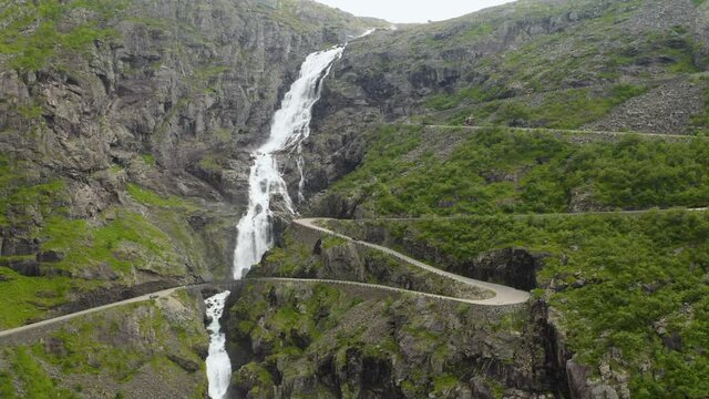 Stigfossen Waterfall At Trollstigen In The Region Of More Og Romsdal, Norway. aerial