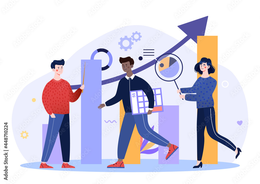 Poster science statistics. hitech technology solutions with development graphs and diverse people. characte