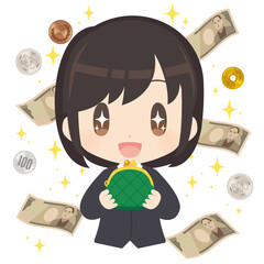 大金をバックにがま口財布を持つビジネスパーソンのイラスト
