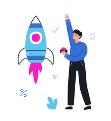 Startup new business project. Businessman launches a rocket. Vector flat hand drawn illustration.