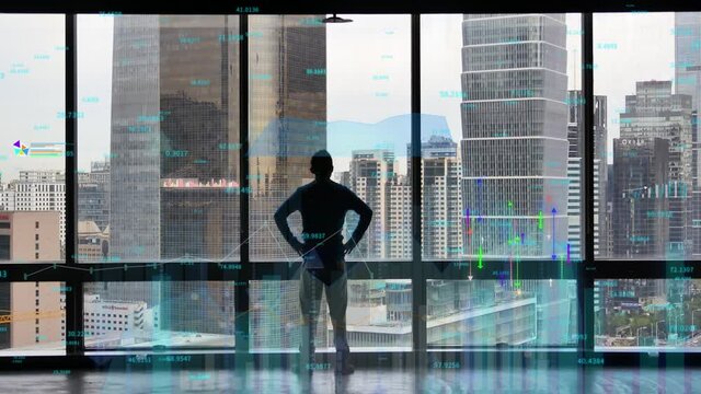 4k businessman back raising victory arm;Overlooking the urban from window.financial chart;Business tech digital Data trend hud Graph;Changing Economic node line;Digital Tableau of Stock Market Values.