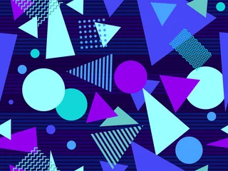 Foto op Plexiglas Donkerblauw 80s geometrisch naadloos patroon in Memphis-stijl. Geometrische vormen op een gestreepte achtergrond. Synthwave en retrowave stijl. Ontwerp voor reclamefolders, banner en print. vector illustratie