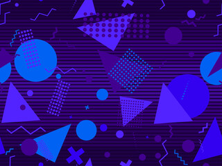 80s geometric seamless pattern in Memphis style. Geometric shapes on a striped background. Synthwave and retrowave style. Design for advertising brochures, banner and print. Vector illustration