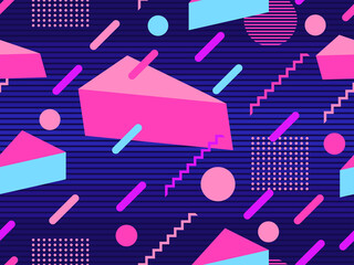 80s geometric seamless pattern in Memphis style. Geometric shapes on a striped background. Synthwave and retrowave style. Design for advertising brochures, banner and print. Vector illustration