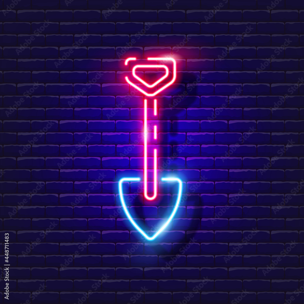 Wall mural Construction shovel neon icon. Vector illustration for design. Repair tool glowing sign. Construction tools concept.