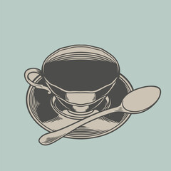 Hand drawn tea cup sketch in engraving style for menu or cafe. Antique porcelain cup of tea. Black old vintage cup plate isolated on grey background. Tea time concept. Vector illustration