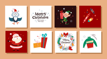 Collection of Merry Christmas congratulation cards with Santa Claus, owl, elf character, gifts, candy, sweater, xmas mistletoe wreath. Vector flat cartoon illustration. For banner, package, invitation