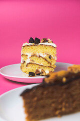 Pistachio cake, sponge cake with nuts decoration and piece of chocolate cake on a white plate.