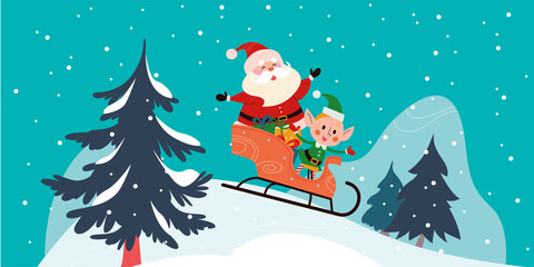 Winter holiday illustration with cute Santa Claus and elf characters sledding at snowy mountain landscape. Vector cartoon flat concept. For card, package, banner, invitation.