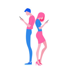 A young man and a woman stand with their backs to each other and playing mobile phones. An abstract distance connection between people concept.