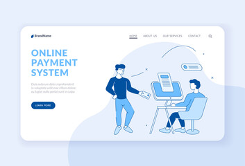 Online payment and transfer system. Banking electronic transactions through mobile applications and systems. People pay for purchases through personal internet account. Homepage linear flat vector