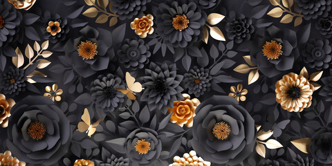Naklejka premium 3d render, abstract art deco background with black and gold paper flowers and leaves, floral botanical wallpaper