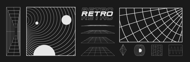 Set of retrofuturistic design elements, perspective grids, tunnel, RETRO title, polar grid, blackhole, bipyramide, circle portal in cyberpunk 80s style. Cyber retrowave. Vector - obrazy, fototapety, plakaty