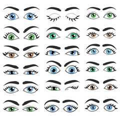 big set of different emotions eyes with eyebrows for face design on white