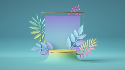 3d render, abstract pastel blue background with square violet board, golden frame and yellow podium decorated with colorful tropical leaves. Modern showcase for product presentation
