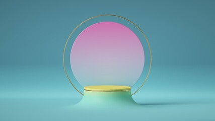 3d render, abstract background with round pink board, golden frame and yellow stage podium. Modern minimal showcase for product presentation