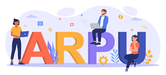 Young male and female characters are standing and sitting on average revenue per user abbreviation. Concept of ARPU abbreviation. Business increase calculation. Flat cartoon vector illustration