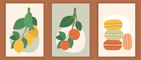 Set of contemporary art posters with fruits in pastel colors. Abstract elements, leaves and fruits, macaroons, oranges. Design for social media, postcards, print. Flat cartoon vector illustration