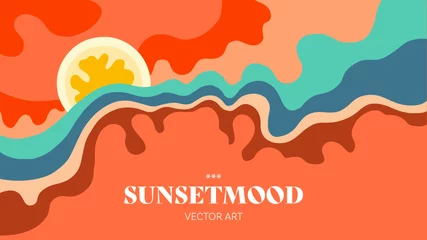 Foto op Plexiglas Sunset. Sunrise. Nature. Modern flat vector banner illustration of natural background. Vacation on the beach. Festival feeling. Holiday Feeling. Drawings from the hand of sunset and sunrise.  © Andrea Vollgas