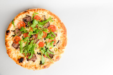 Tasty pizza with meat, mushrooms, tomatoes and basil isolated on white. Copy space banner, horizontal banner.