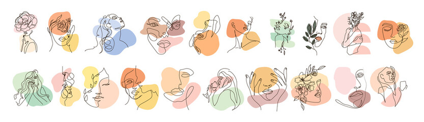 Woman on lines style hand drawing set. One line drawing style concept. Vector illustration.