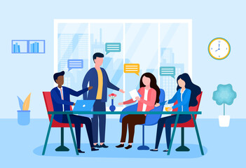 Male and female workers are sitting at the negotiating table together. Concept of collective thinking and brainstorming, company information analytics. Flat cartoon vector illustration