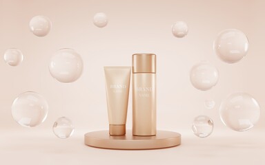 Cosmetics bottles on podium with clear water drops on beige background mock up banner. Make up skin foundation tubes or bb-cream on gold round stage, product ad display. Realistic 3d illustration