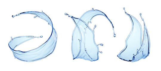 Obraz premium 3d render, collection of splashing water elements. Blue wavy liquid splash, clip art isolated on white background