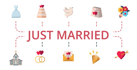 Just Married icon set. Contains editable icons theme such as wedding cake, dove, diamond and more.