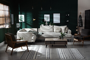 Modern living room interior with stylish comfortable sofa