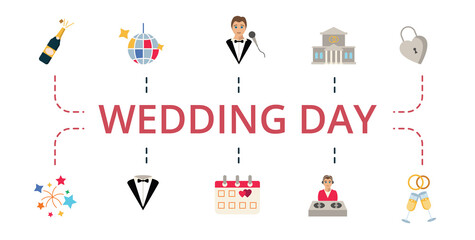 Wedding Day icon set. Contains editable icons theme such as tuxedo, coach, registry office and more.