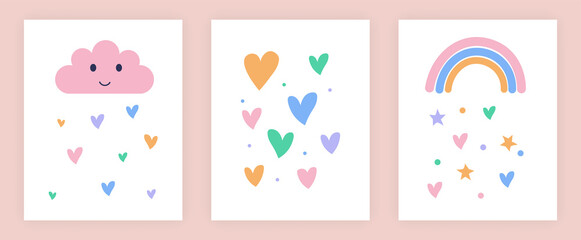 Set of cute illustrations for kids with rainbow, stars and hearts. Lovely nursery art with pastel color doodles on a beige background. Flat cartoon vector illustration