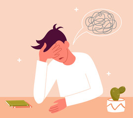Young male character in a state of depression, confused situation. Support is an opportunity and a chance. Concept of support for people under stress and enxiety. Flat cartoon vector illustration