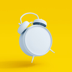 White blank alarm clock on yellow background. No time concept 3D Rendering, 3D Illustration