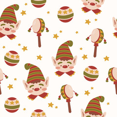 Merry christmas holiday cute elf with toy hand drum and ball seamless pattern for fabric, linen, textiles and wallpaper